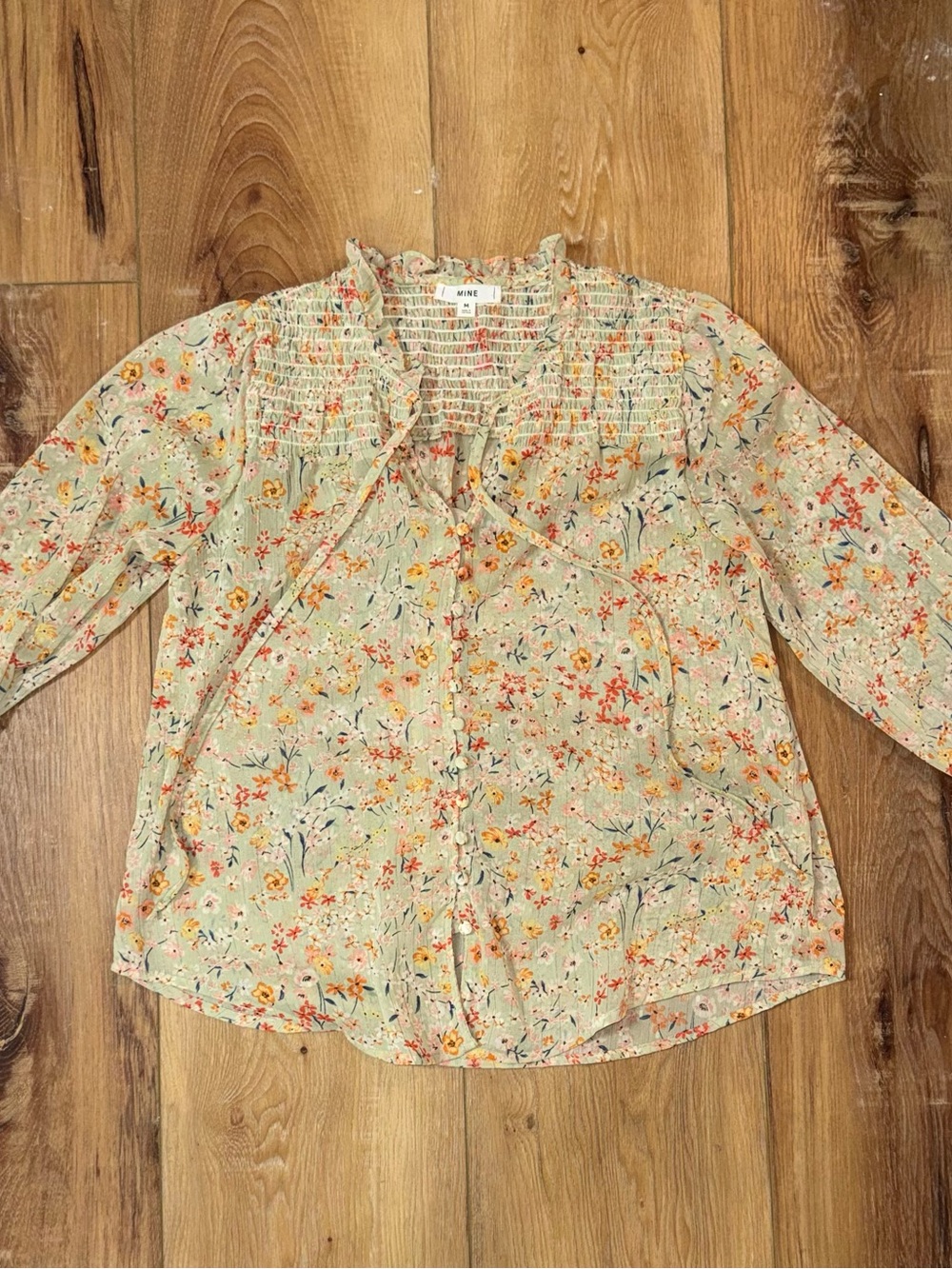 mine Mint Floral Smocked Ruffle Blouse with Coral & Yellow Accents
